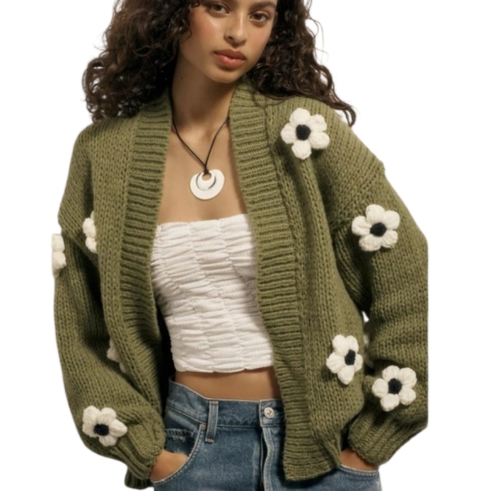 Anthropologie Maeve The Susannah 3d Flower Cardigan Sweater One Size Olive Green